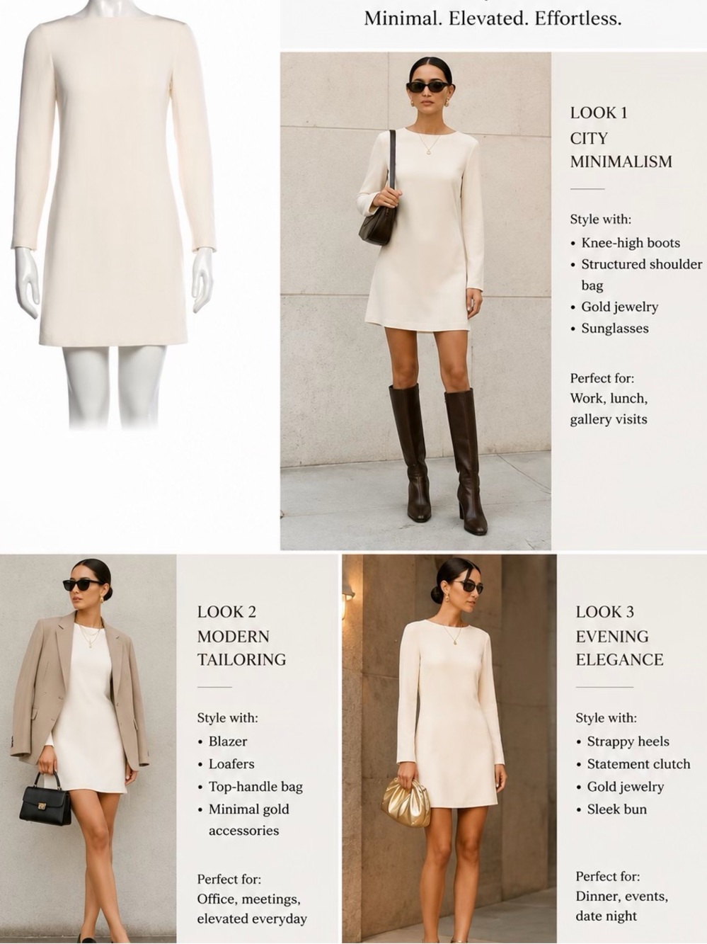 Tibi Cream Long-Sleeve Mini Shift Dress 100% silk